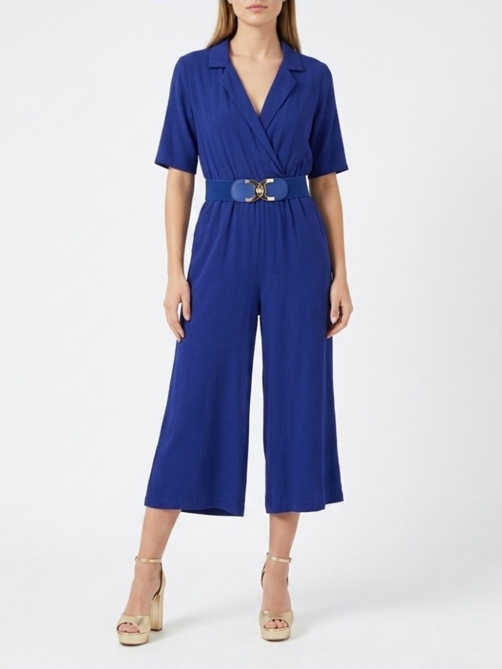 Pepalove Blue Short-Sleeve Wrap Cropped Jumpsuit